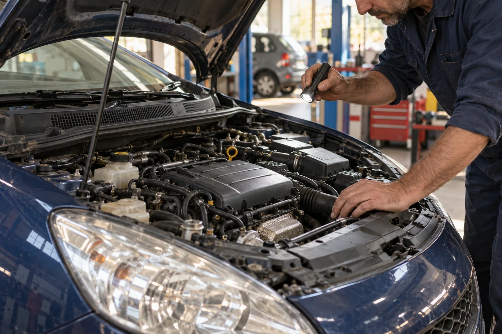 Revisión del motor de un coche en un taller